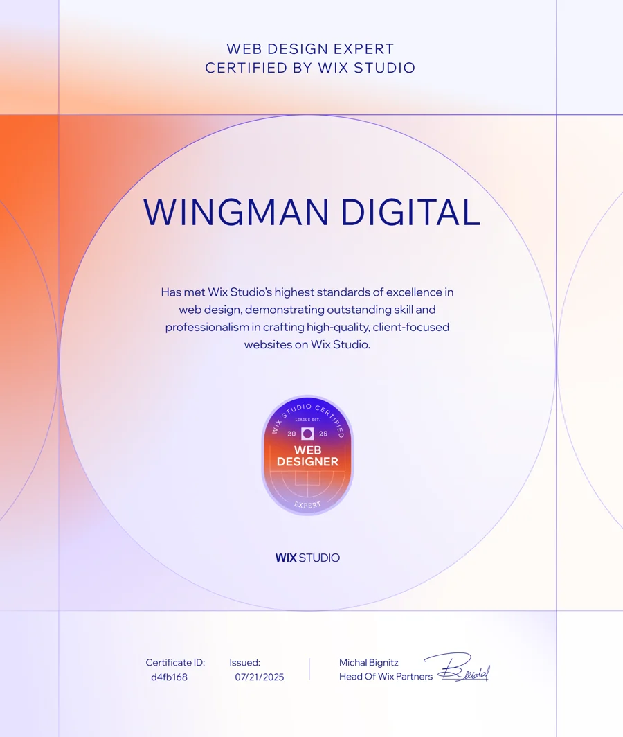 Certificare Web Design Expert emisă de Wix Studio pentru Wingman Digital